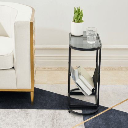 Set of 2 Glass Oval Side Tables Living Room Magazine Organizer_9