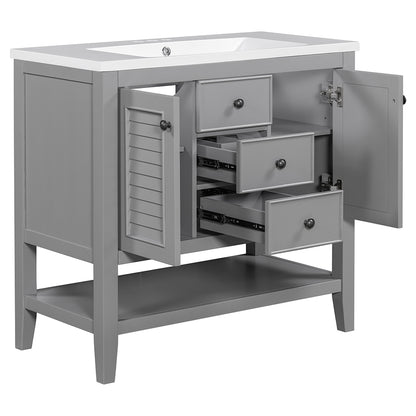 36 Inch Bathroom Vanity with Ceramic Basin, Cabinets, Drawers & Shelf - Grey_4