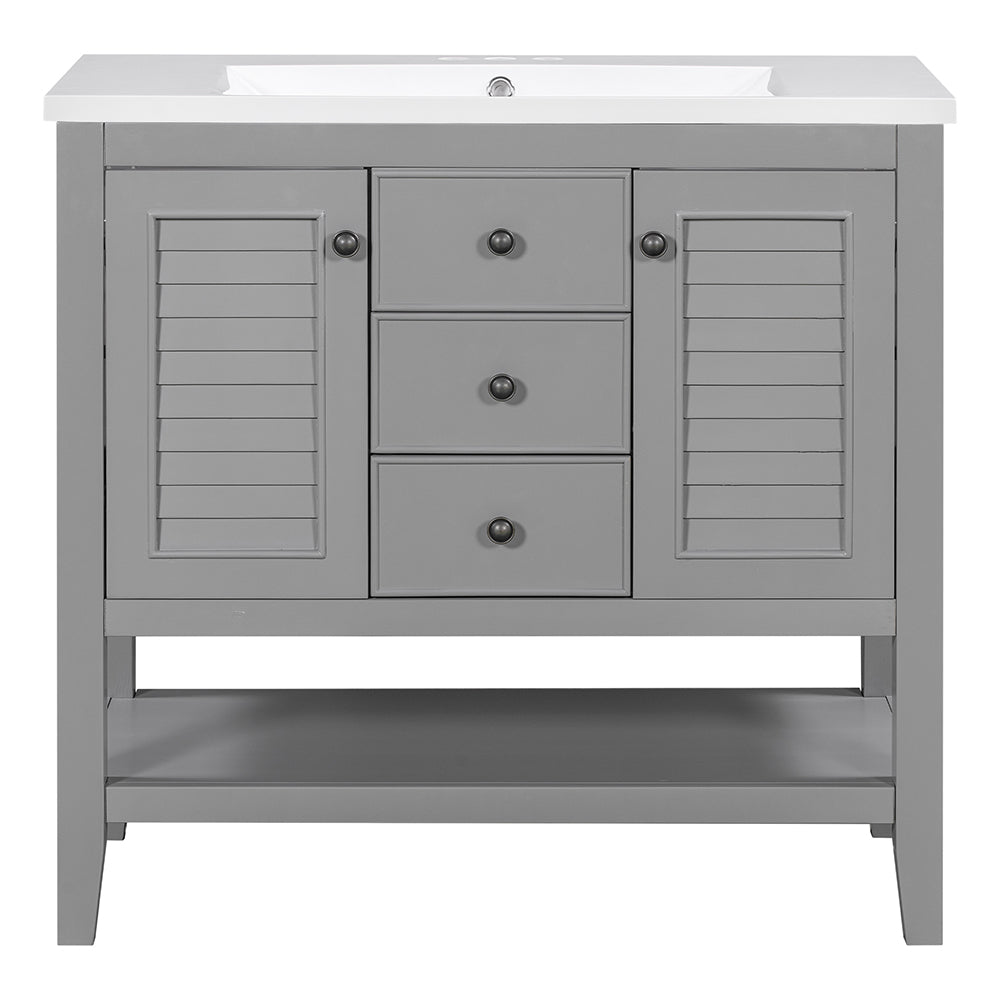 36 Inch Bathroom Vanity with Ceramic Basin, Cabinets, Drawers & Shelf - Grey_0