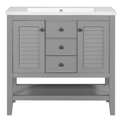 36 Inch Bathroom Vanity with Ceramic Basin, Cabinets, Drawers & Shelf - Grey_0