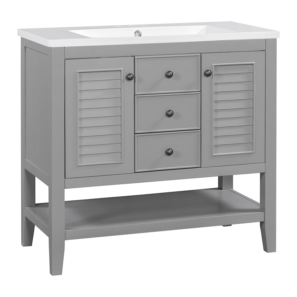 36 Inch Bathroom Vanity with Ceramic Basin, Cabinets, Drawers & Shelf - Grey_9