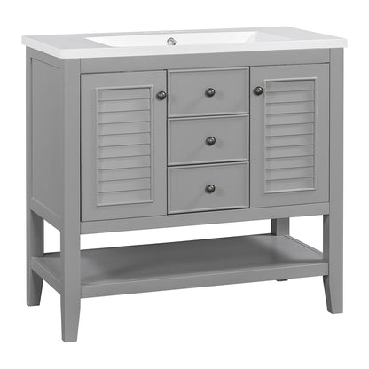 36 Inch Bathroom Vanity with Ceramic Basin, Cabinets, Drawers & Shelf - Grey_9