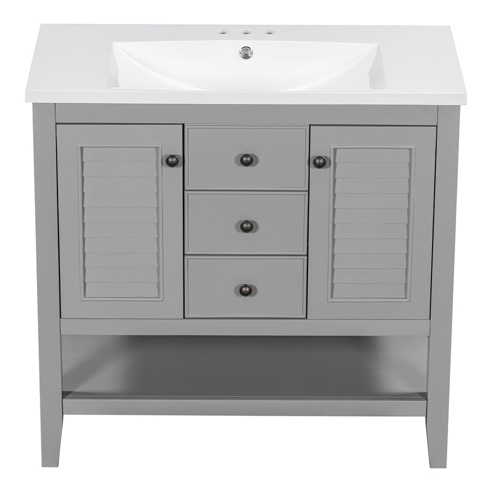 36 Inch Bathroom Vanity with Ceramic Basin, Cabinets, Drawers & Shelf - Grey_8