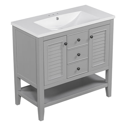 36 Inch Bathroom Vanity with Ceramic Basin, Cabinets, Drawers & Shelf - Grey_7