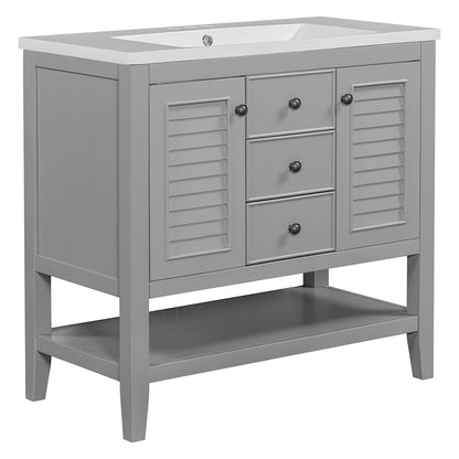 36 Inch Bathroom Vanity with Ceramic Basin, Cabinets, Drawers & Shelf - Grey_6