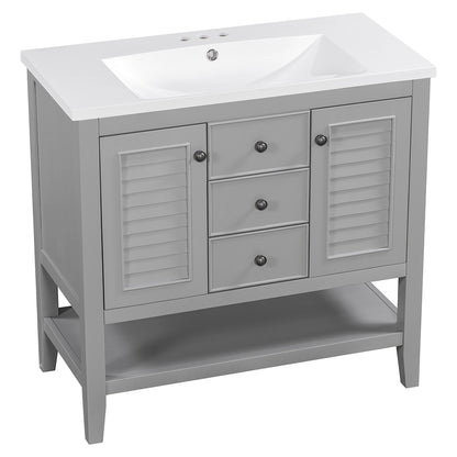 36 Inch Bathroom Vanity with Ceramic Basin, Cabinets, Drawers & Shelf - Grey_5