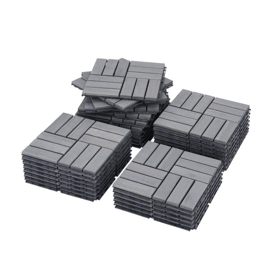 30 PCS Interlocking Deck Tiles Checker Pattern Light Gray Acacia Hardwood_0