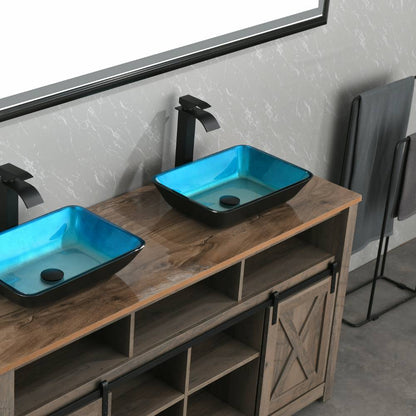 Handmade Turquoise Glass Rectangular Vessel Bathroom Sink Set_6
