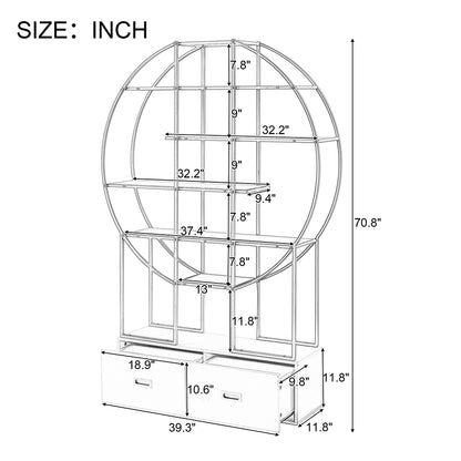 70.8 Inch Round Gold Frame Bookcase with Display Shelf and Two Drawers_8