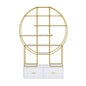 70.8 Inch Round Gold Frame Bookcase with Display Shelf and Two Drawers_0