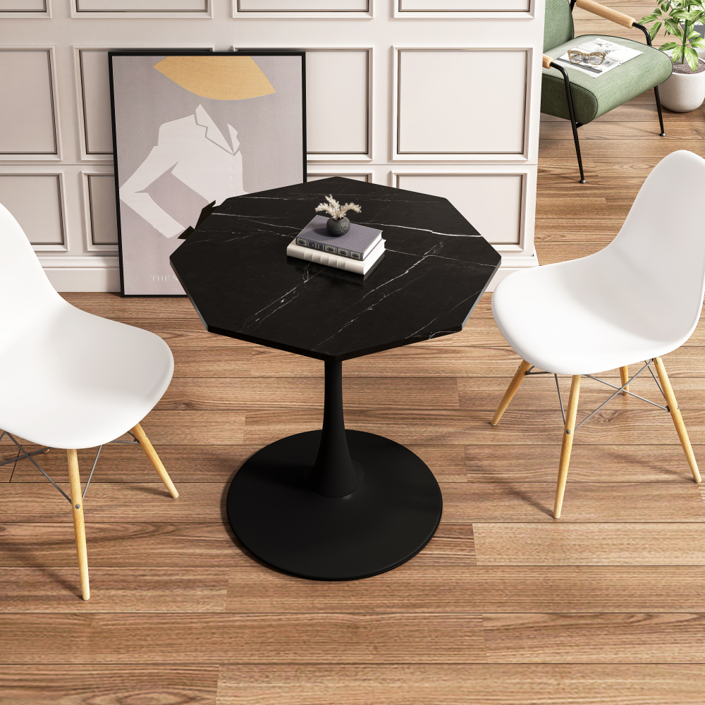 Stylish Modern Octagonal Coffee Table with Black Printed Marble Top_2