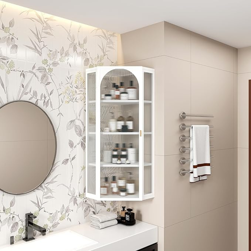 White Corner Wall Mounted Glass Door Cabinet_3