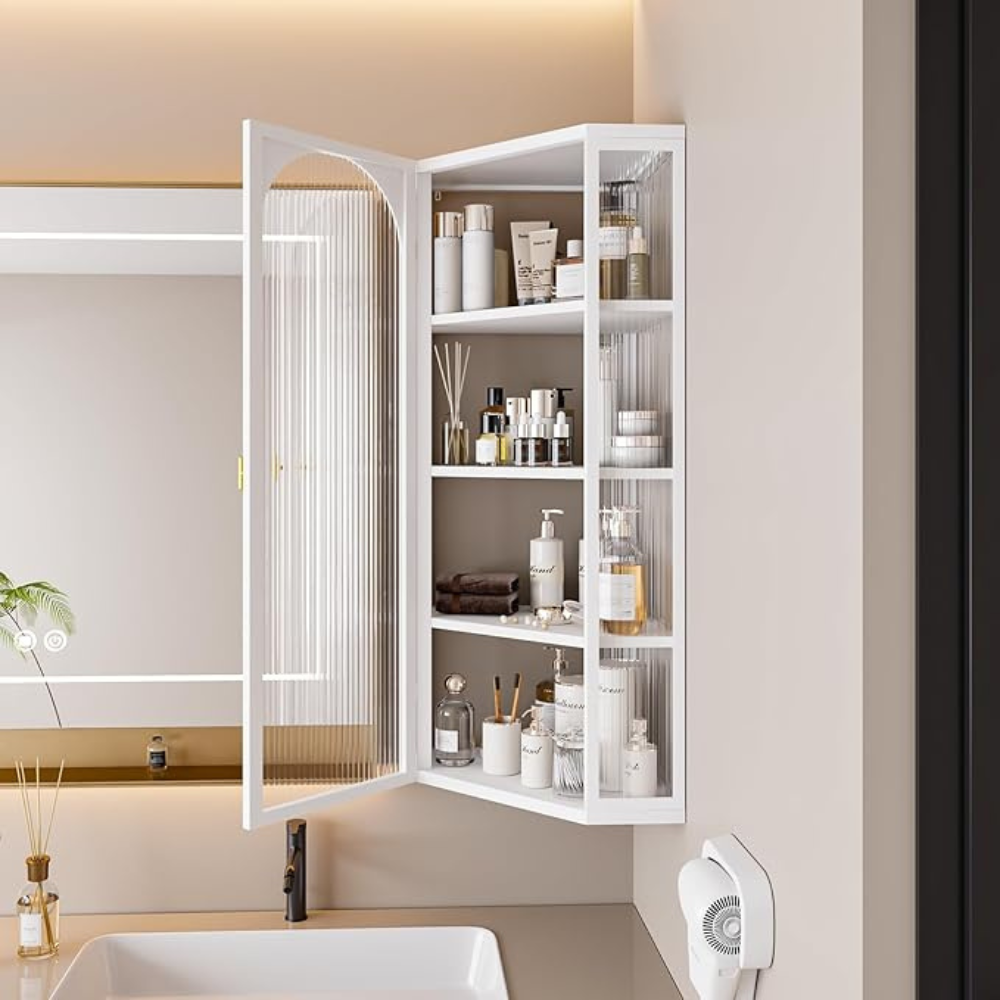 White Corner Wall Mounted Glass Door Cabinet_0