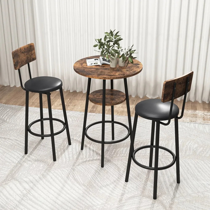 Rustic Brown Bar Stool Set with Shelf and Upholstered Backrest_0