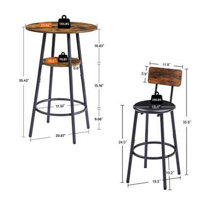 Rustic Brown Bar Stool Set with Shelf and Upholstered Backrest_6