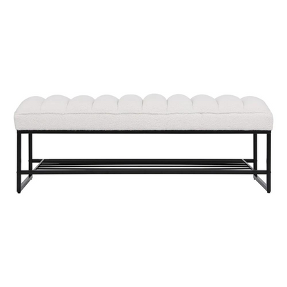 White Sherpa Channel Tufted Bench with Metal Shelf_4