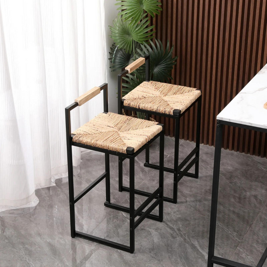 Set of 2 Water Hyacinth Woven Bar Stools with Back Support_0