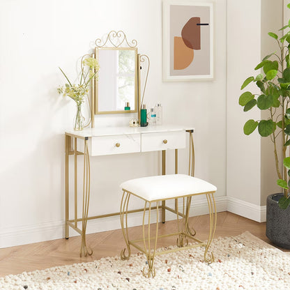 Vanity Table Set With Mirror Stool,White Makeup Dressing Desk With Drawers For Girls,Women,Bedroom,Gift