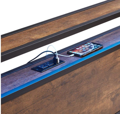 Full Size Metal Platform Bed Frame With Wooden Headboard And Footboard With USB LINER