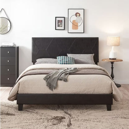 Queen-sized Upholstered Platform Bed Frame For Easy Assembly, Black, PU