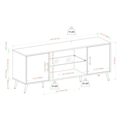 Mid-Century Modern 2-Door TV Stand For TVs With Glass Shelf - Dark Walnut
