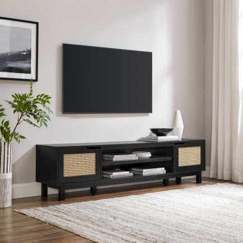 Modern Rattan-Door Low TV Stand For TVs Up To 80 Inches Black