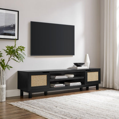 Modern Rattan-Door Low TV Stand For TVs Up To 80 Inches Black