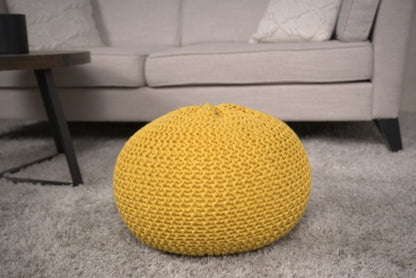 Bordeaux Knitted Cotton Round Pouf, Yellow