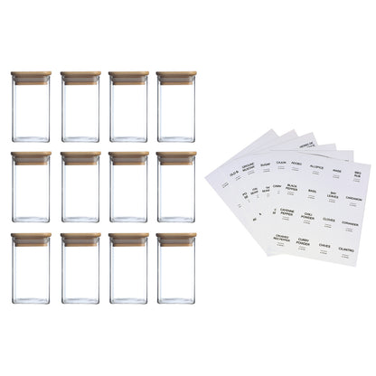 12 Pcs Square Spice Jars With 72 Stickers, Kitchen Pepper Jars For Salt Seasoning, Snacks, Tea, Coffee