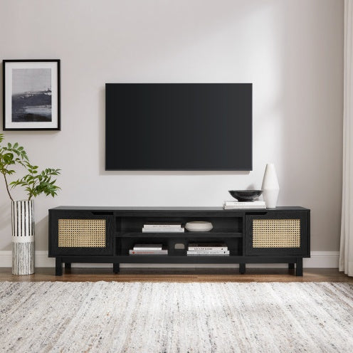 Modern Rattan-Door Low TV Stand For TVs Up To 80 Inches Black