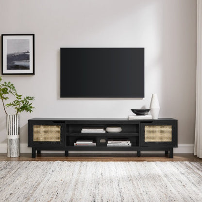 Modern Rattan-Door Low TV Stand For TVs Up To 80 Inches Black