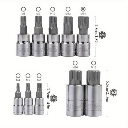10PC XZN Triple Square 12 Point Spline Bit Socket Set 4MM 18MM   With Enhanced Storage Case, 12 Point Multi Spline, No Assembly Required