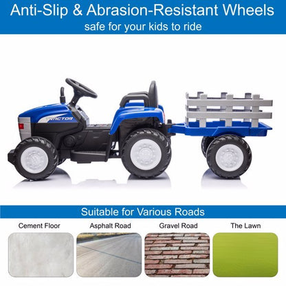 Blue, 12V7AH Battery Powered Toy Tractor With Trailer