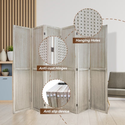 6 Panel Room Partition, 5.6 Foot Pegboard Display Wooden Room Partition Folding Privacy Screen