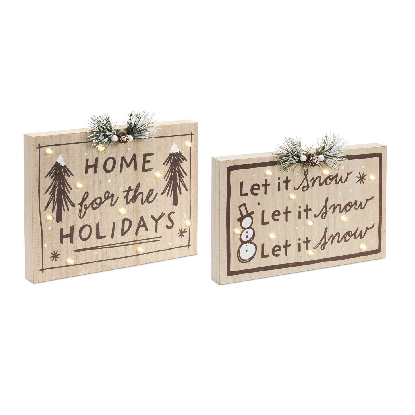 LED Holiday and Snow Sign (Set of 2) 12"L x 8"H, 12"L x 9.25"H MDF 3 AAA Batteries Not Included