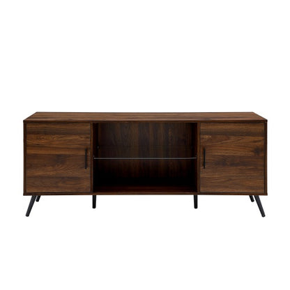 Mid-Century Modern 2-Door TV Stand For TVs With Glass Shelf - Dark Walnut