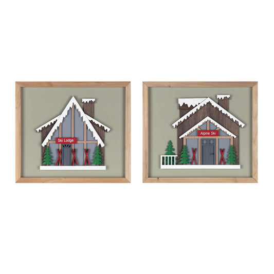 Ski Lodge Frame (2 Asst) 12"L x 10.75"H Wood/MDF