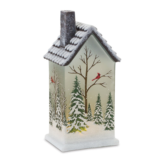 House w/Trees and Cardinal 9"H Glass 2 AAA Batteries, Not Included