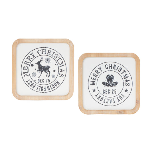 Christmas Mail Stamp Plaque (2 Asst) 5"SQ MDF/Wood