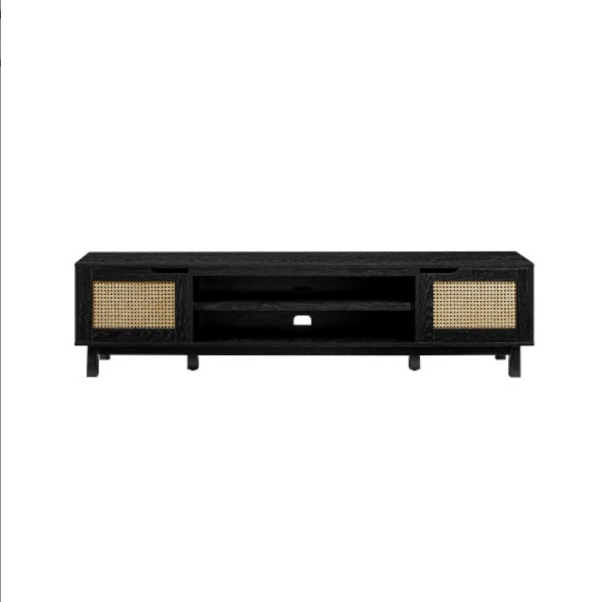 Modern Rattan-Door Low TV Stand For TVs Up To 80 Inches Black