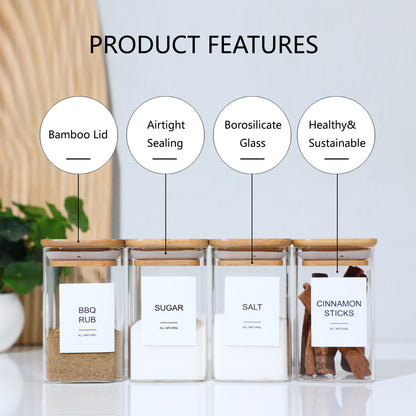 12 Pcs Square Spice Jars With 72 Stickers, Kitchen Pepper Jars For Salt Seasoning, Snacks, Tea, Coffee