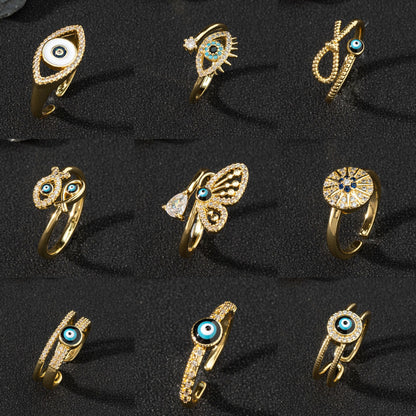 Copper zircon enamel oil drop ring for women evil eye retro pinky ring open ring
