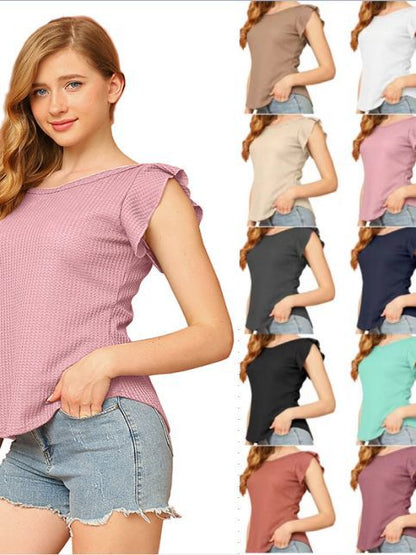 Fashionable summer women's clothing solid color round neck ruffles sweet and fresh girlish style short sleeves
