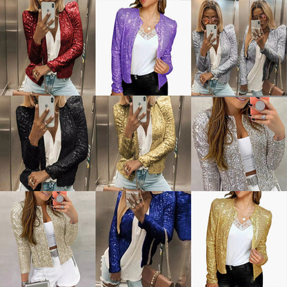 Spring new European and American women's fashion stand collar color matching sequined jacket short style casual