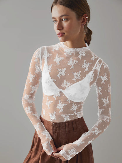 Women's see-through lace tops, mesh multi-color bottoming shirts, sexy hot girl trendy T-shirts