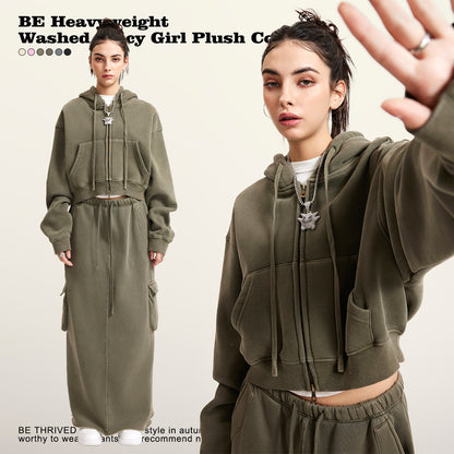 Retro Washed Hot Girl Sweatshirt Zipper Jacket Plus Velvet