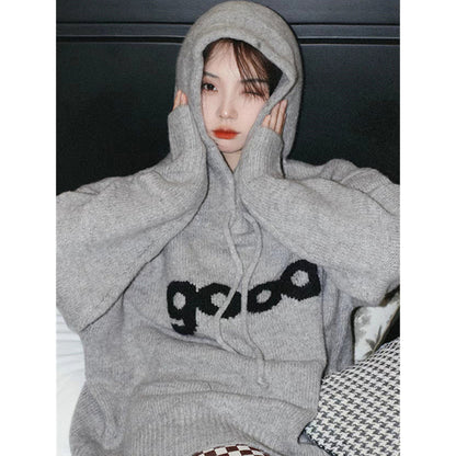 Niche lazy style knitted sweatshirt jacket for women autumn and winter 2023 new loose and slim gray hooded sweater top