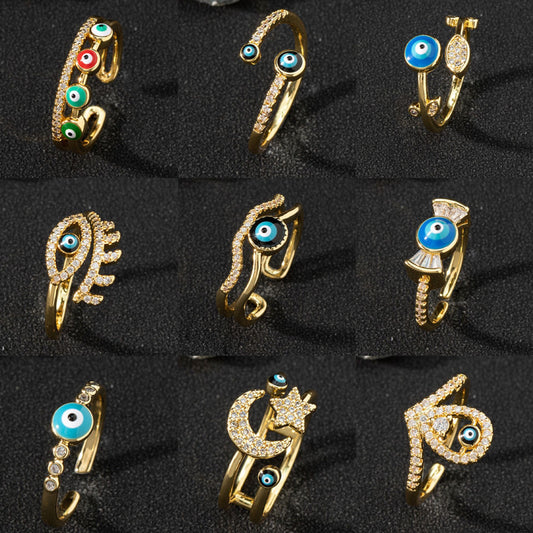 Copper zircon enamel oil drop ring for women evil eye retro pinky ring open ring