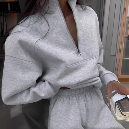 New autumn and winter fashion zipper lapel solid color casual two-piece suit