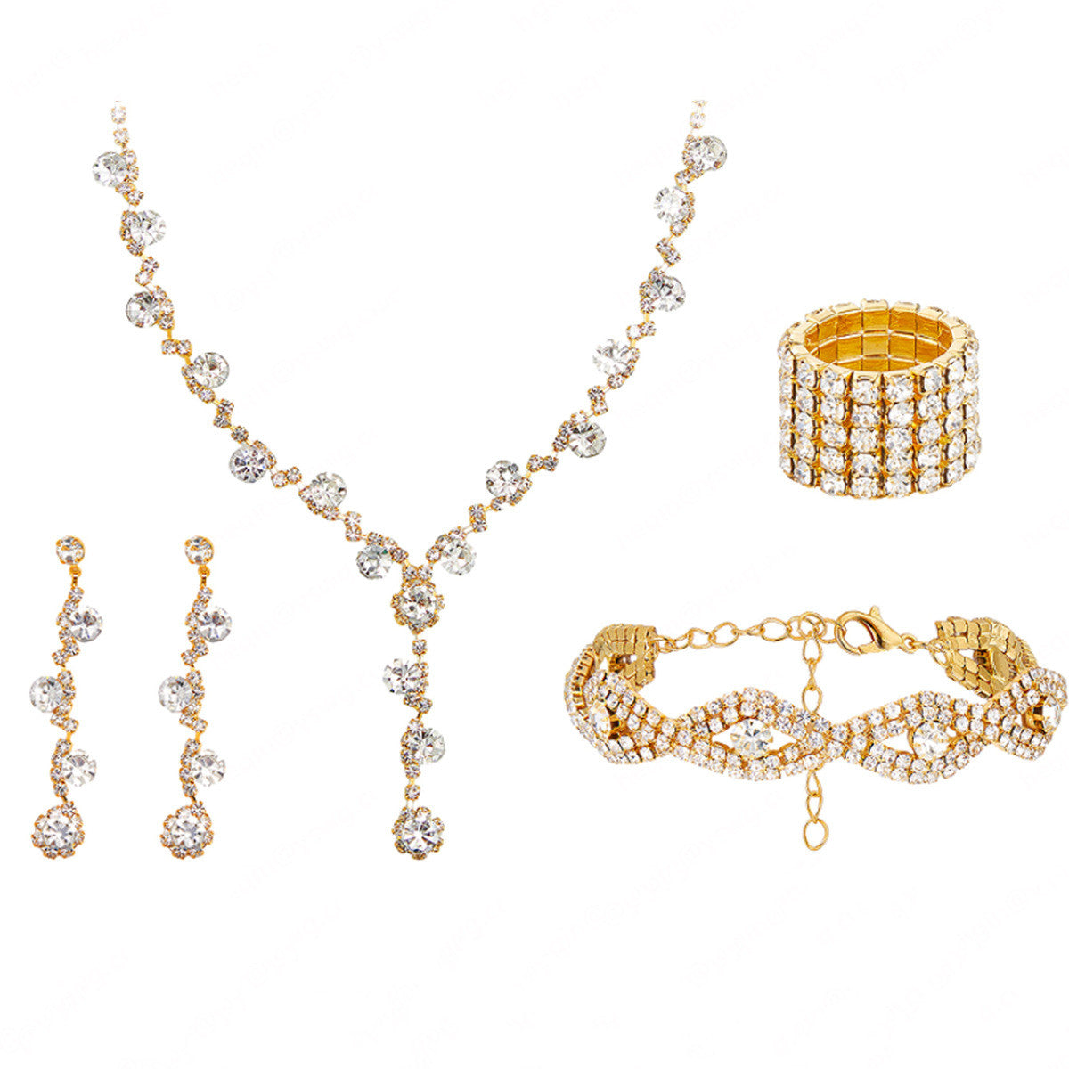 Braided bracelet and rhinestone ring set of four